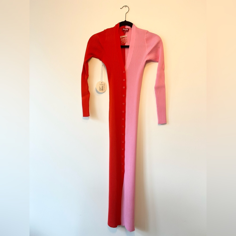 STAUD Shoko Red and Pink Ribbed Button-Front Maxi Dress